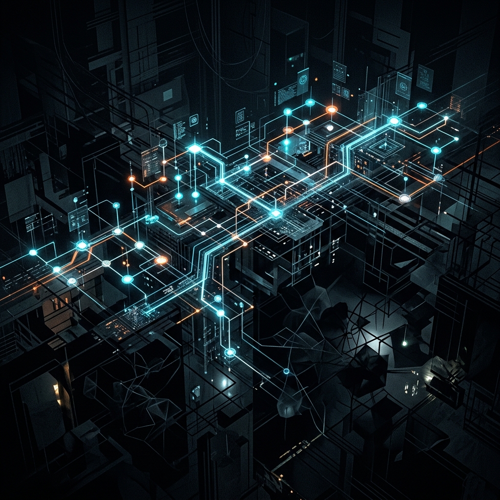 Veri ve yazılım mimarisindeki kör noktaları temsil eden fütüristik, karanlık temalı kavramsal bir illüstrasyon. Karanlık boşlukları aydınlatan siber matris düğümleri ve soyut geometrik şekiller.