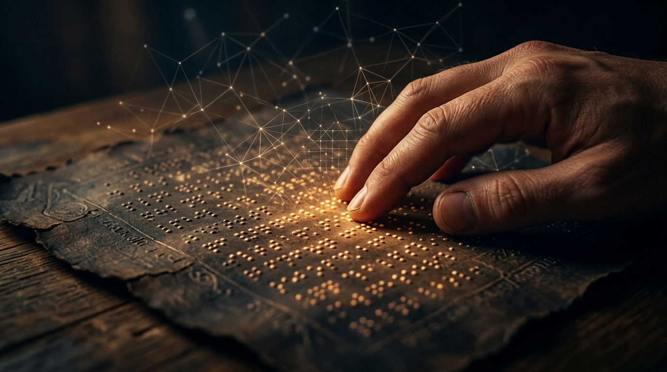 Karanlık ve loş bir odada, ahşap bir masa üzerinde duran tarihi ve yıpranmış bir parşömendeki kabartma Braille noktalarına nazikçe dokunan bir el. Dokunulan altın ışıltılı noktalardan yukarıya ve arka plana doğru yayılan, sinir hücrelerini ve matematiksel matrisi simgeleyen parıltılı nöronal ağ bağlantıları.